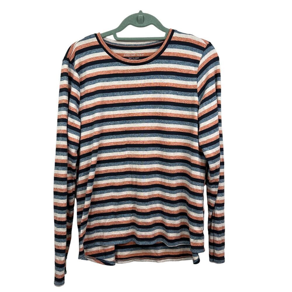 American Eagle Soft & Sexy Plush Sweater Striped Crew Neck Orange Blue Women L*